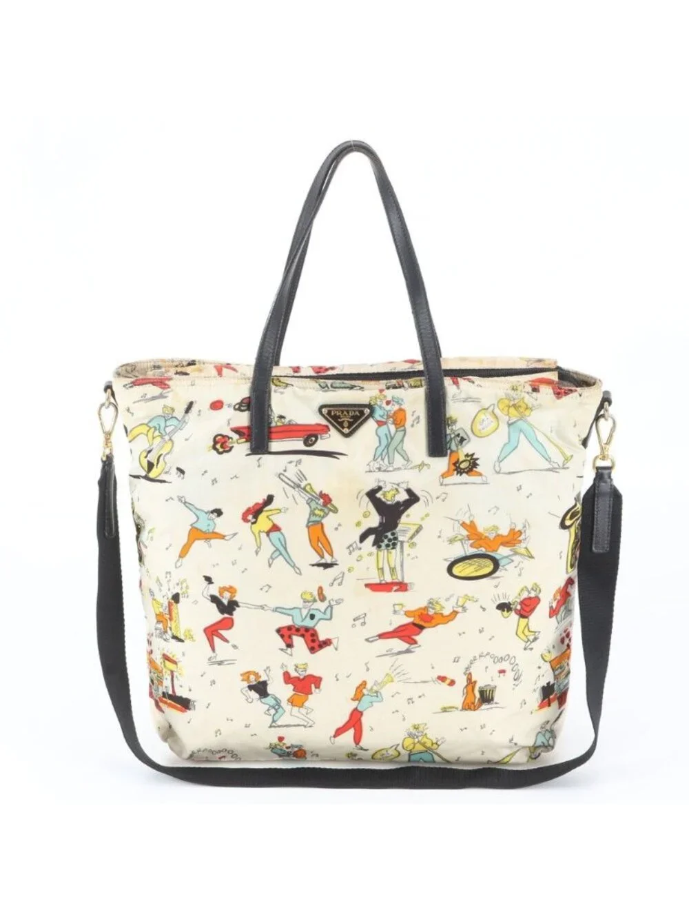 Prada Tessuto Nylon Musical Instrument Motif Print 2-Way Shoulder Bag Crossbody
